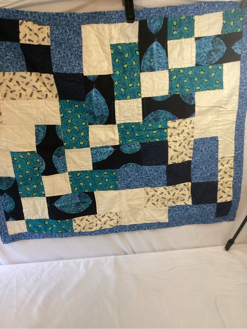 Handmade Patchwork Quilt in Blue, Teal, Cream Cottegecore, Dreamcore